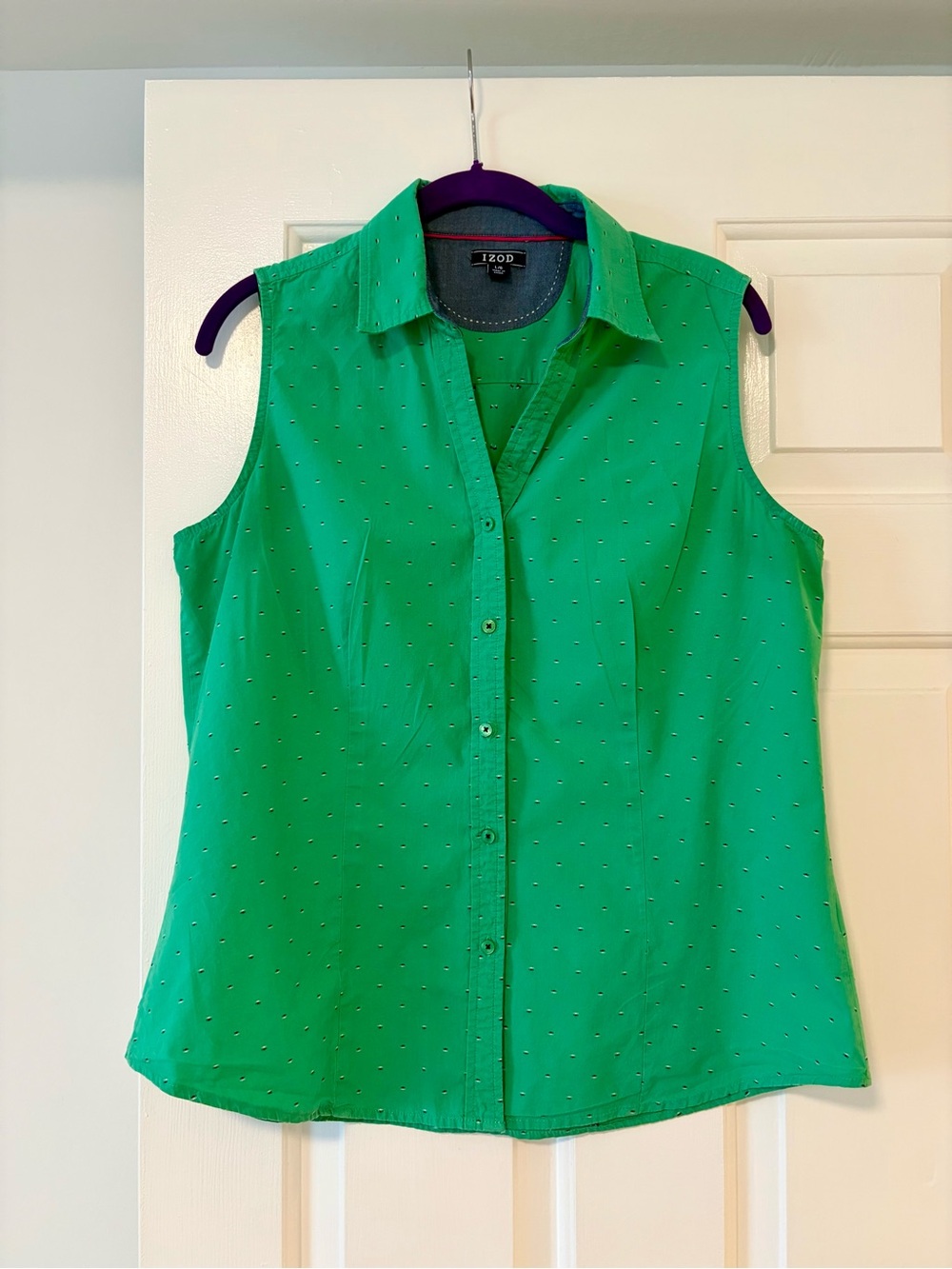 IZOD Kelly Green Dot Print Sleeveless Button-Up Top L — Vintage/Retired Style
